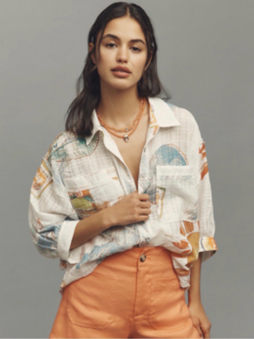 Pilcro White Gauze Button-Front Blouse with Sun & Pastel Print